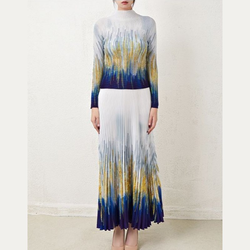 Factory Customized High-End Pleated Thin Slim Fit Long-Sleeved Printed T-Shirt High Waist Ban'shen Skirt Suit