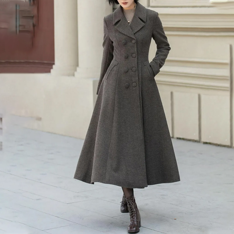 Women's Stylish Brown Maxi Coat with Double-Breasted Design