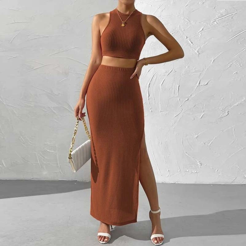 Waffle Knit Crop Cami Top &amp; Split Thigh Skirt