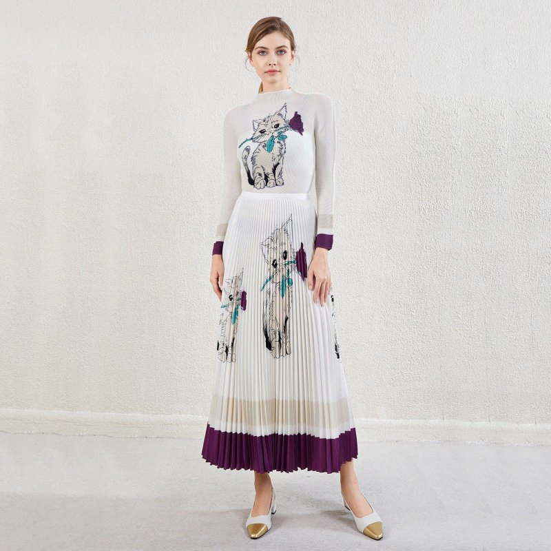 Factory Custom Printed Slim Fit Long Sleeve Pleated Half-Length Loose Long Skirt Printed Suit Casual Women's Wear