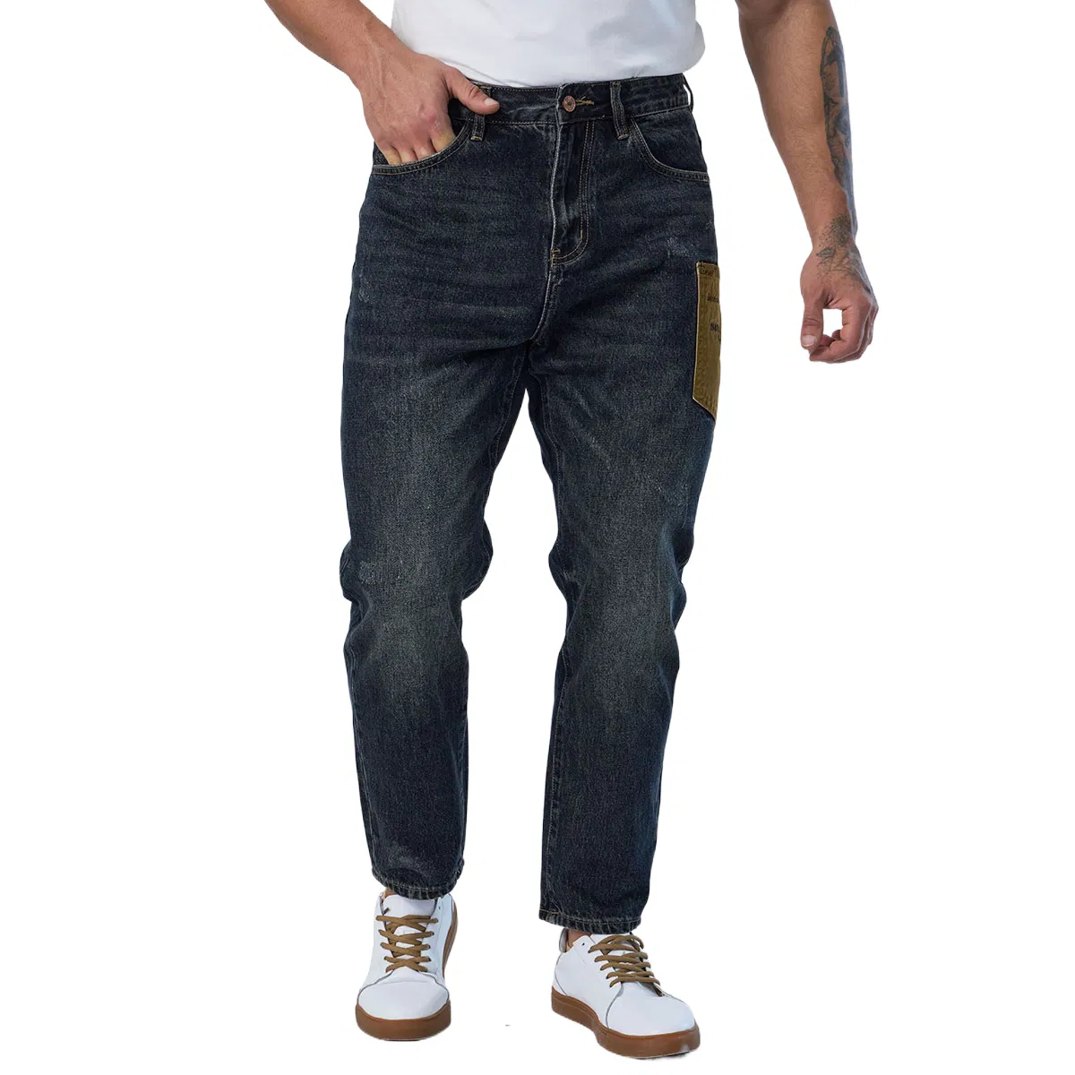 Custom Fashionable Patchwork Design Dark Blue Denim Casual Straight Men Jeans