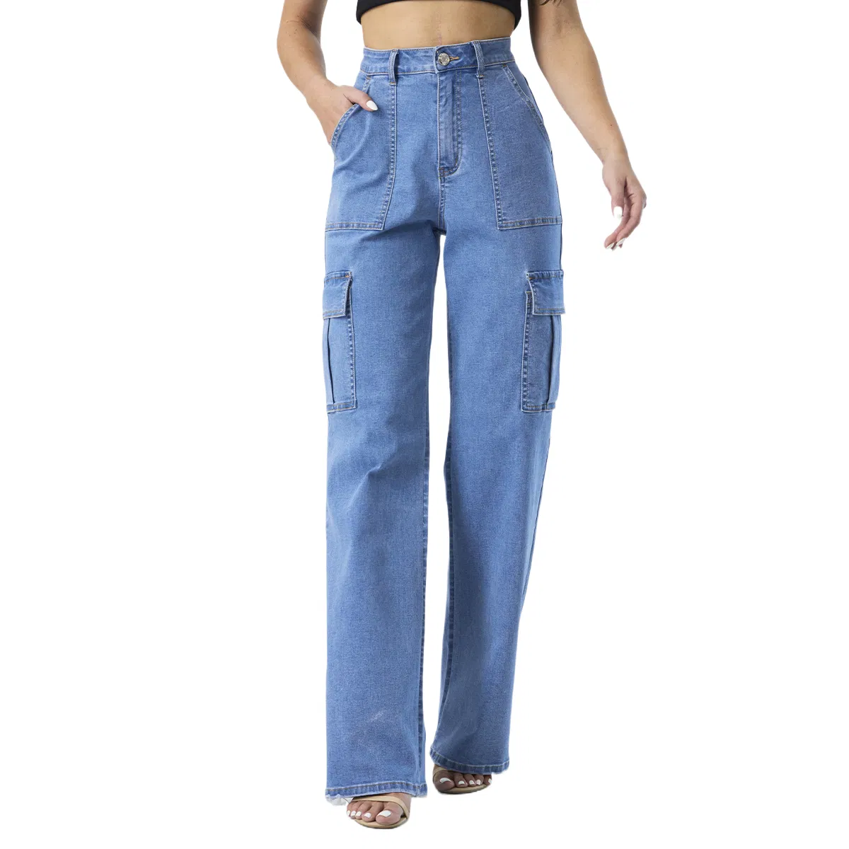 Custom High Waist Cargo Pocket Boyfriend Straight Mom Denim Jeans for Women