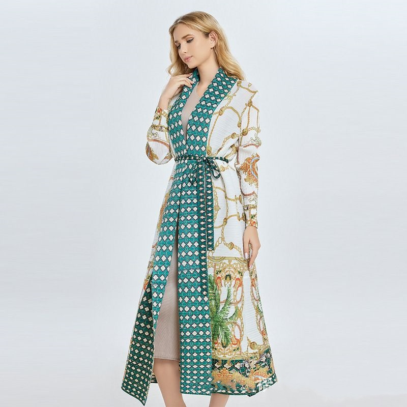 Factory Customized Long Coat Miyake Pleated Contrast Color Loose MID-Length Windbreaker for Women