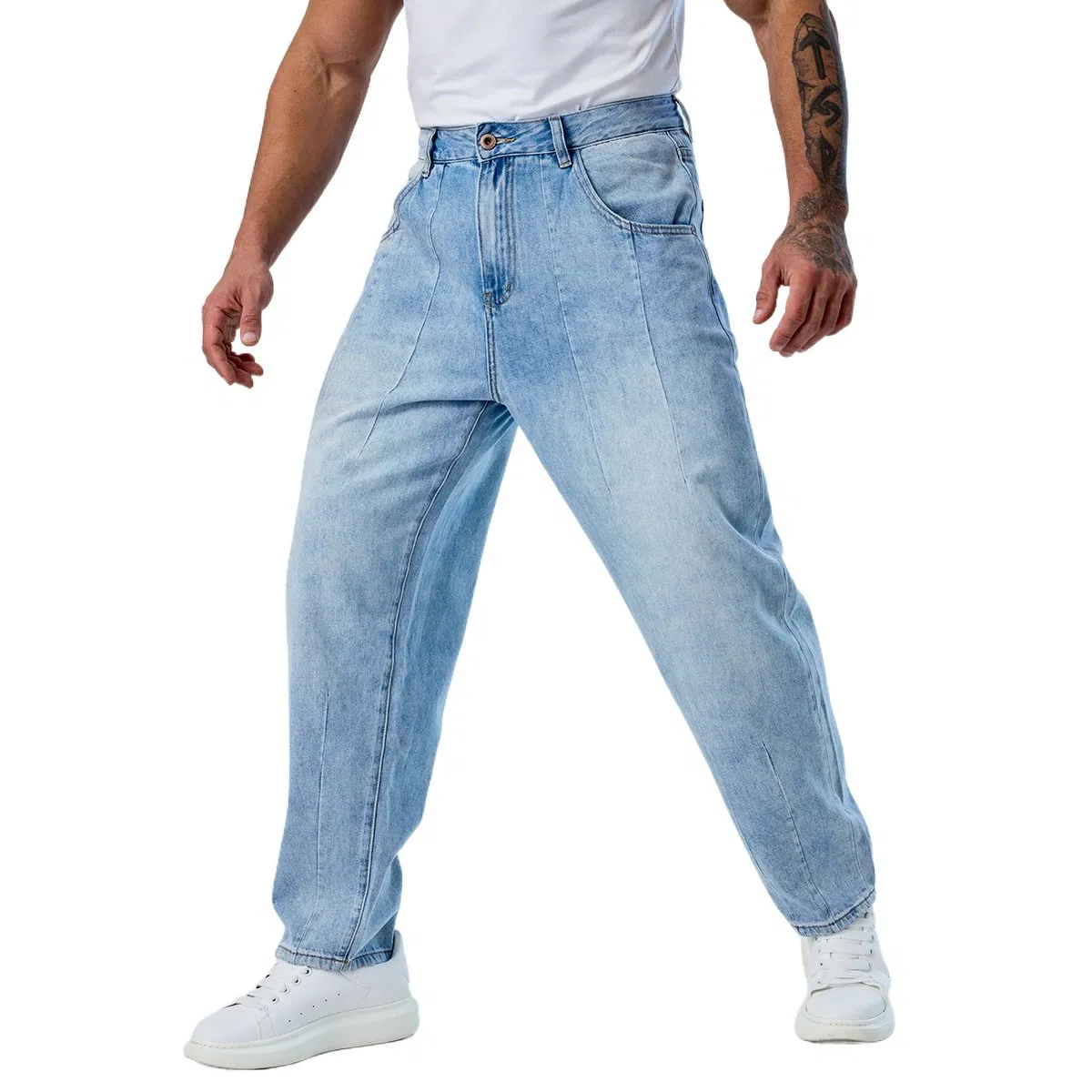 Custom Bright Blue Pleated Baggy Pants Straight Wholesale Jeans for Men