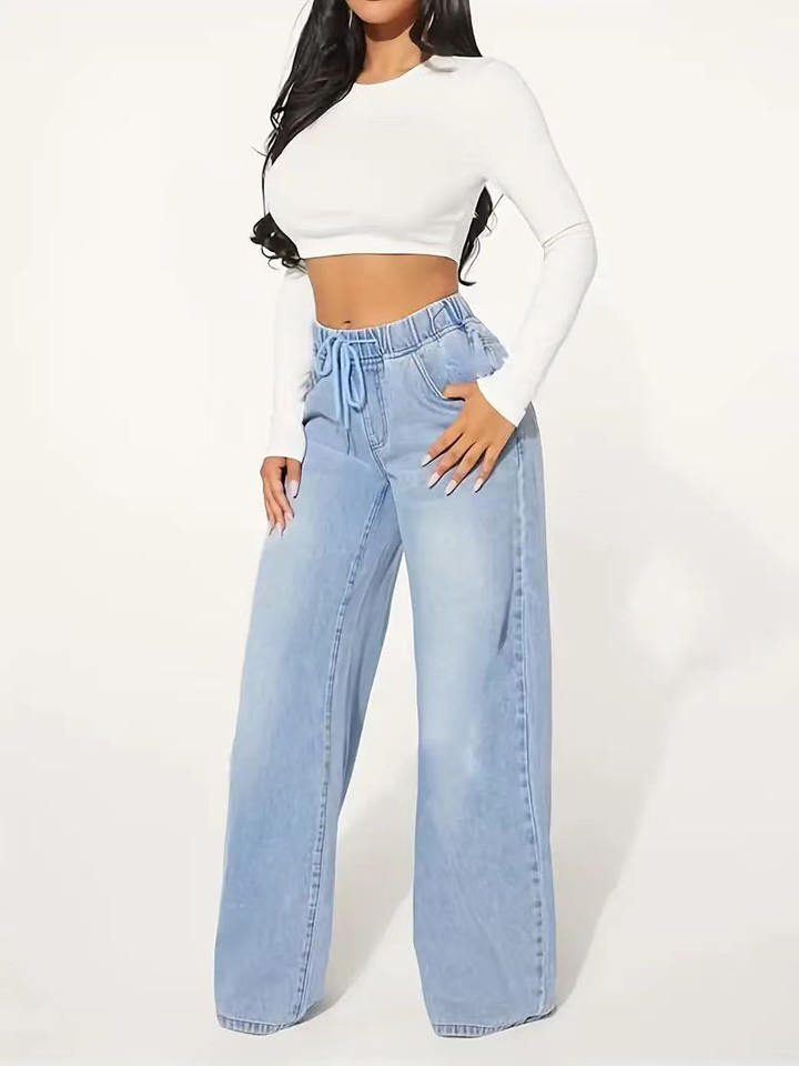 Women's Casual Vintage Light Blue Denim Jeans High Waist Drawstring Loose