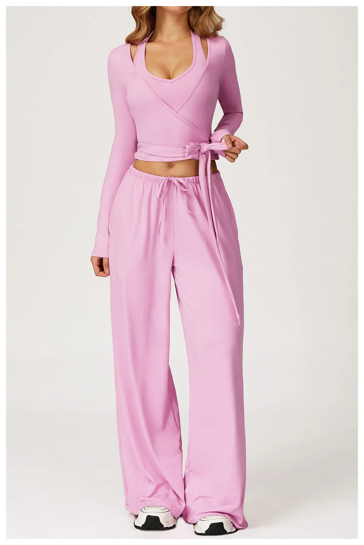 Wholesale 3 Piece Drawstring Waist Sports Pants Gym Wear Suits Women's Fitness Workout Yoga Set Flared Leggings