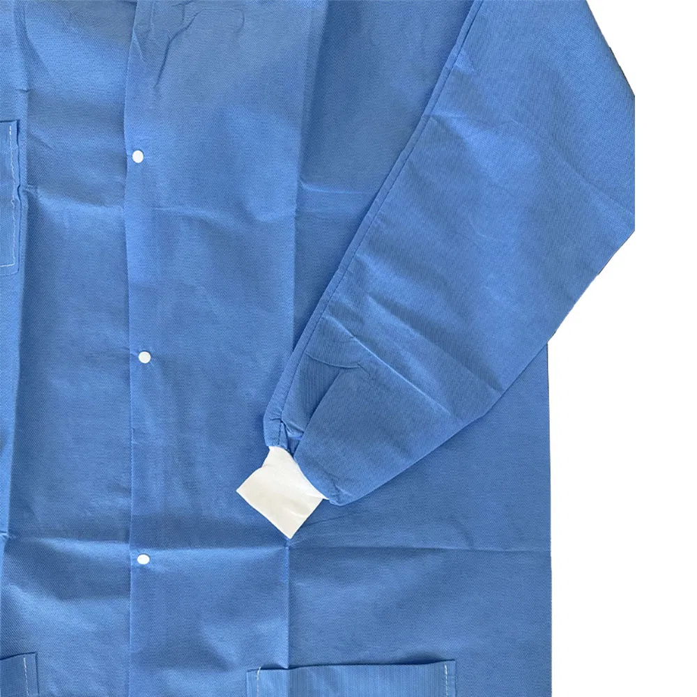 Disposable Workwear SMS Laboratory Coats with Knit Collar and Pockets