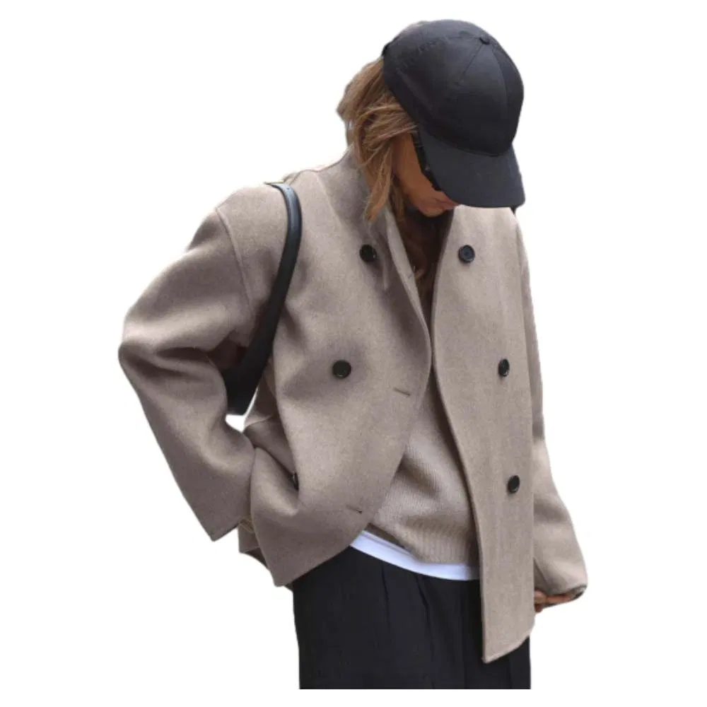 Wholesale Trendy Women's Brown Double-Breasted Wool Coat Fashionable Cross-Border Trench Comfort Fit Coat