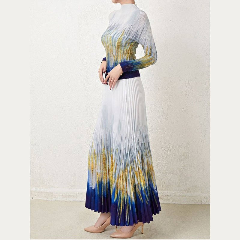 Factory Customized High-End Pleated Thin Slim Fit Long-Sleeved Printed T-Shirt High Waist Ban'shen Skirt Suit