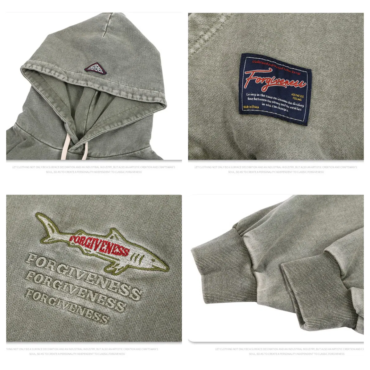 Fashion Brand Heavy Industry American Style Unisex Vintage Water Washed Logo Embroidered High Street Hoodie