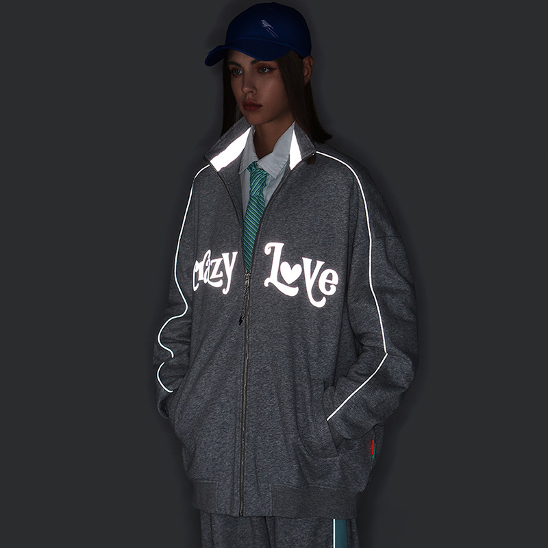 Custom Mens Mandarin Collar Jacket Sporty Streetwear Reflective Hoodie Sweatshirt