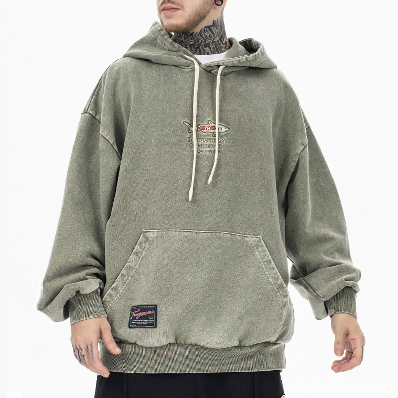 Fashion Brand Heavy Industry American Style Unisex Vintage Water Washed Logo Embroidered High Street Hoodie