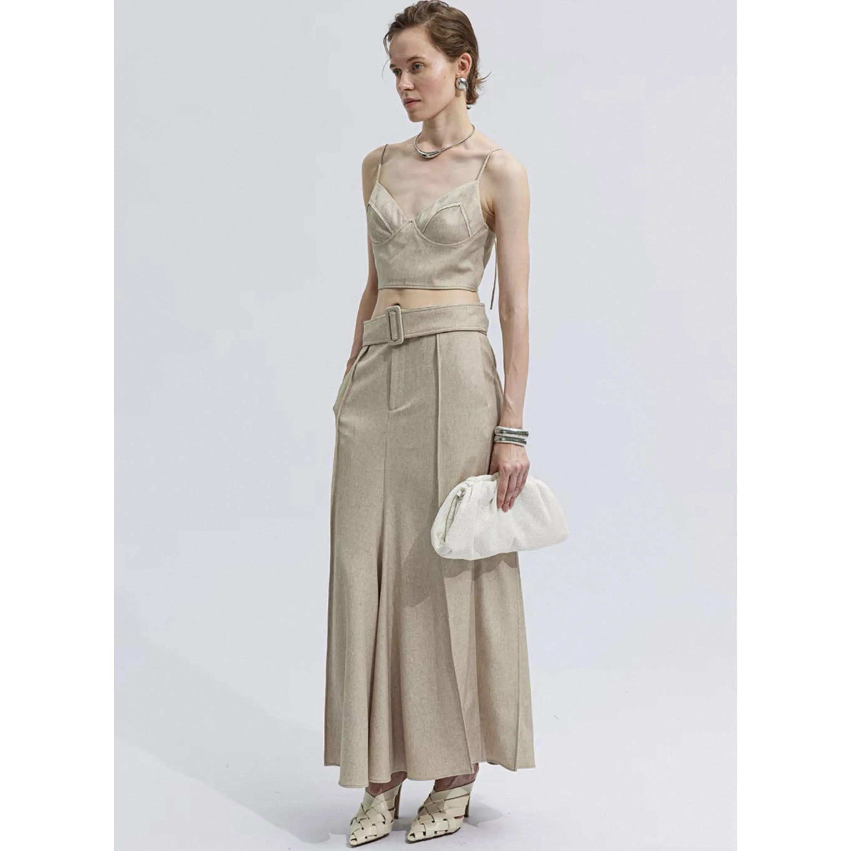 Wholesale Customized Women Tank Top with Long Skirt Sleeves Stripe Fabric Design Women Tank Top for Summer Spring Wear