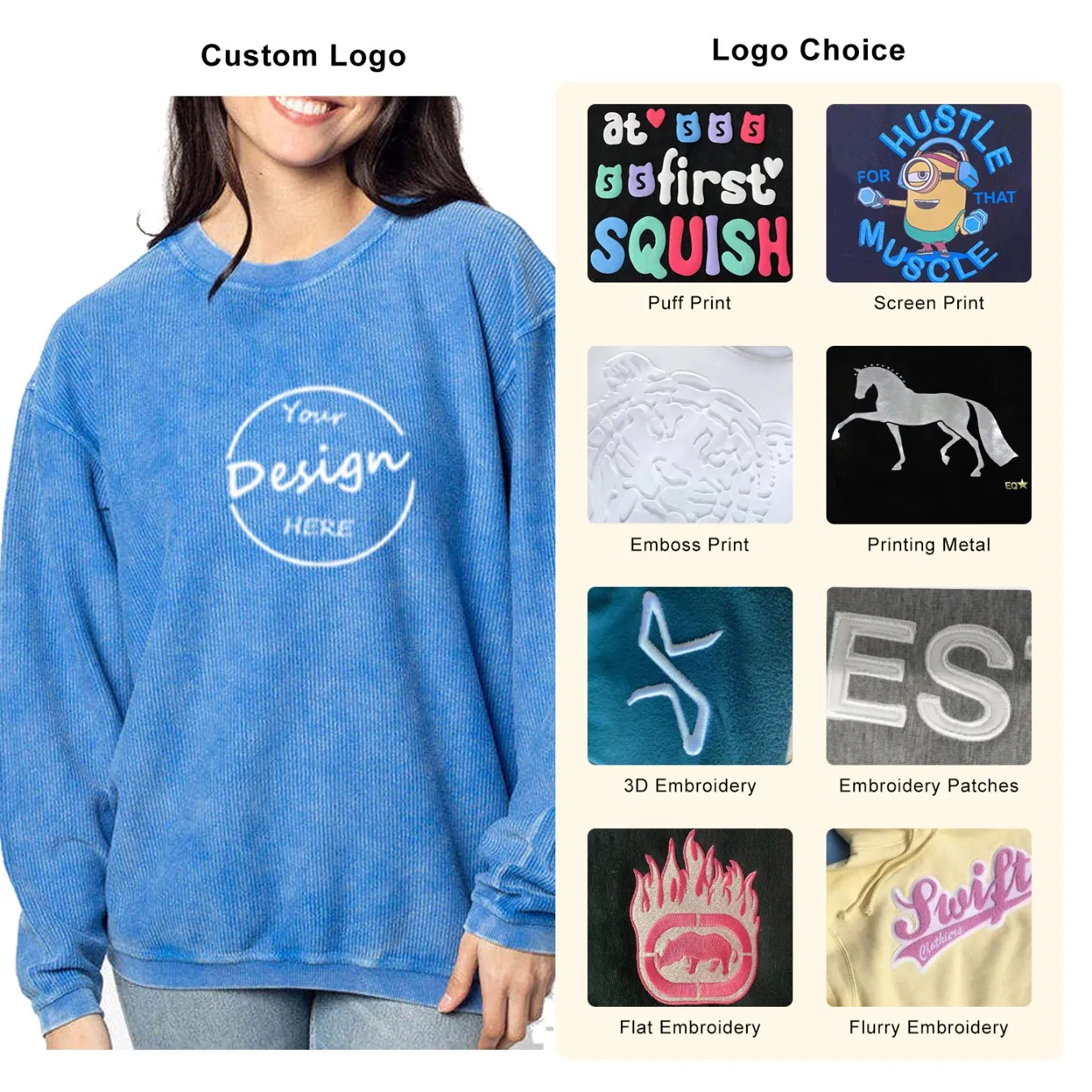 Custom Corduroy Hoodies Wholesale Embroidery Patch Plain Washed Crewneck Baggy Oversized Drop Shoulder Corded Crew Women Sweatshirt with Private Label