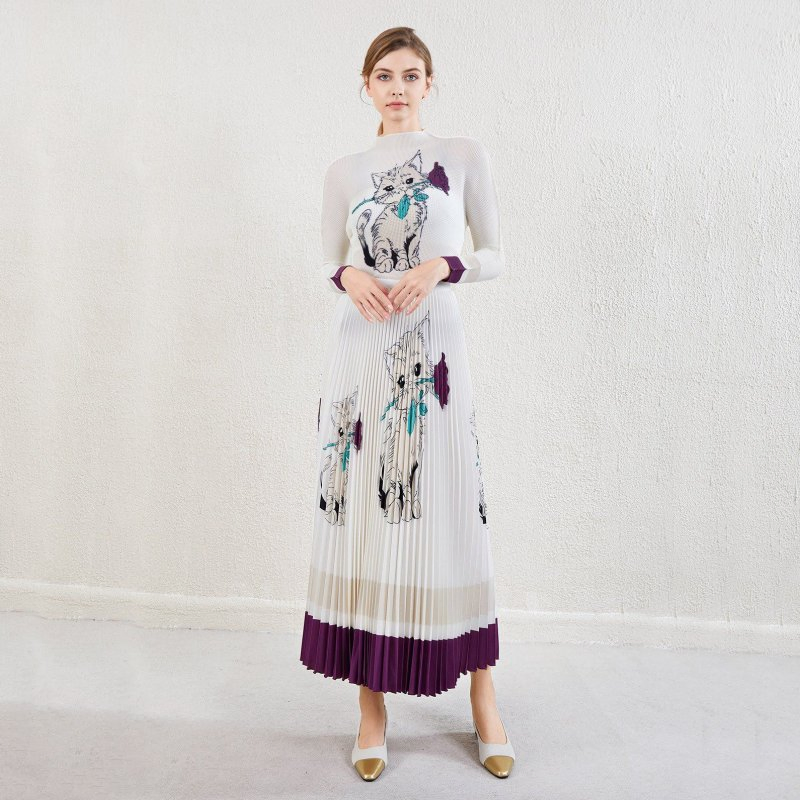 Factory Custom Printed Slim Fit Long Sleeve Pleated Half-Length Loose Long Skirt Printed Suit Casual Women's Wear