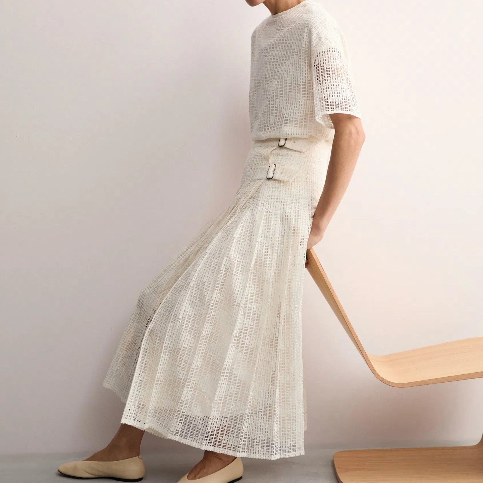 Beige Custom High-Waist Multiple-Layered Fashion Sheer Women's Metal-Clad Belt Design A-Line Long Wholesale Maxi Ladies Skirt