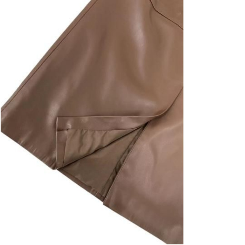 Factory Customization Genuine Leather Lamb Slit Solid Color Straight Wrap Skirt on Spring/Autumn