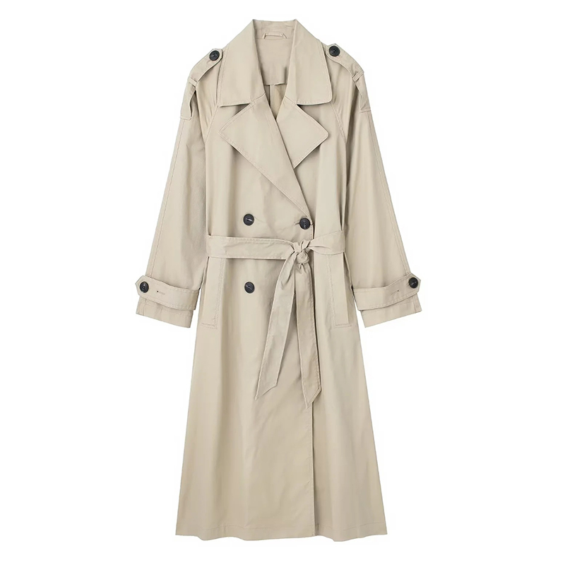 Women's Double-Breasted Inside Binding Long Trench Coat with Waist and Sleeve Belt