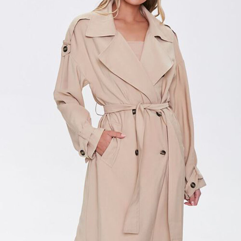 Women's Double-Breasted Inside Binding Long Trench Coat with Waist and Sleeve Belt