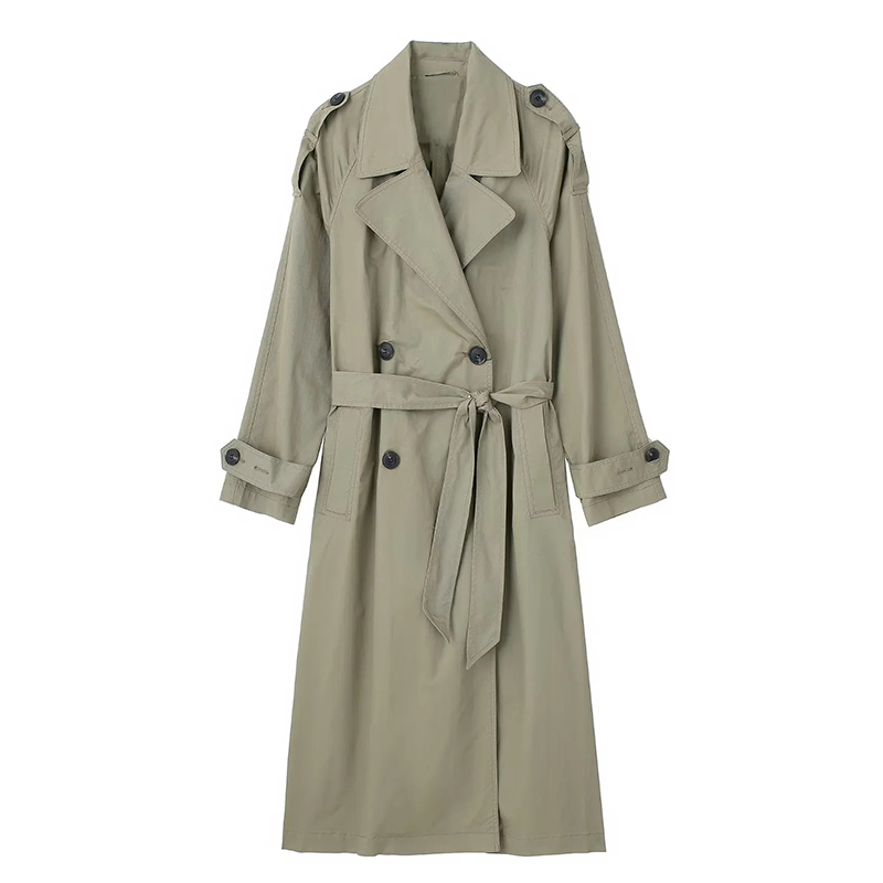 Women's Double-Breasted Inside Binding Long Trench Coat with Waist and Sleeve Belt