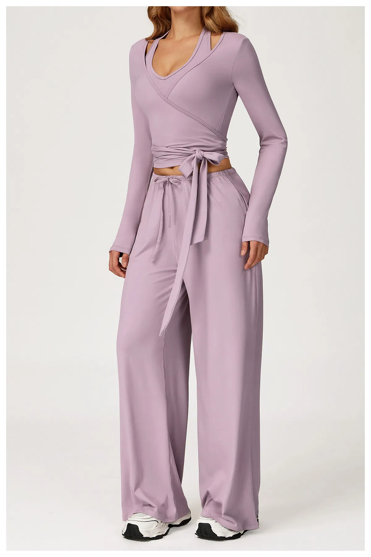 Wholesale 3 Piece Drawstring Waist Sports Pants Gym Wear Suits Women's Fitness Workout Yoga Set Flared Leggings