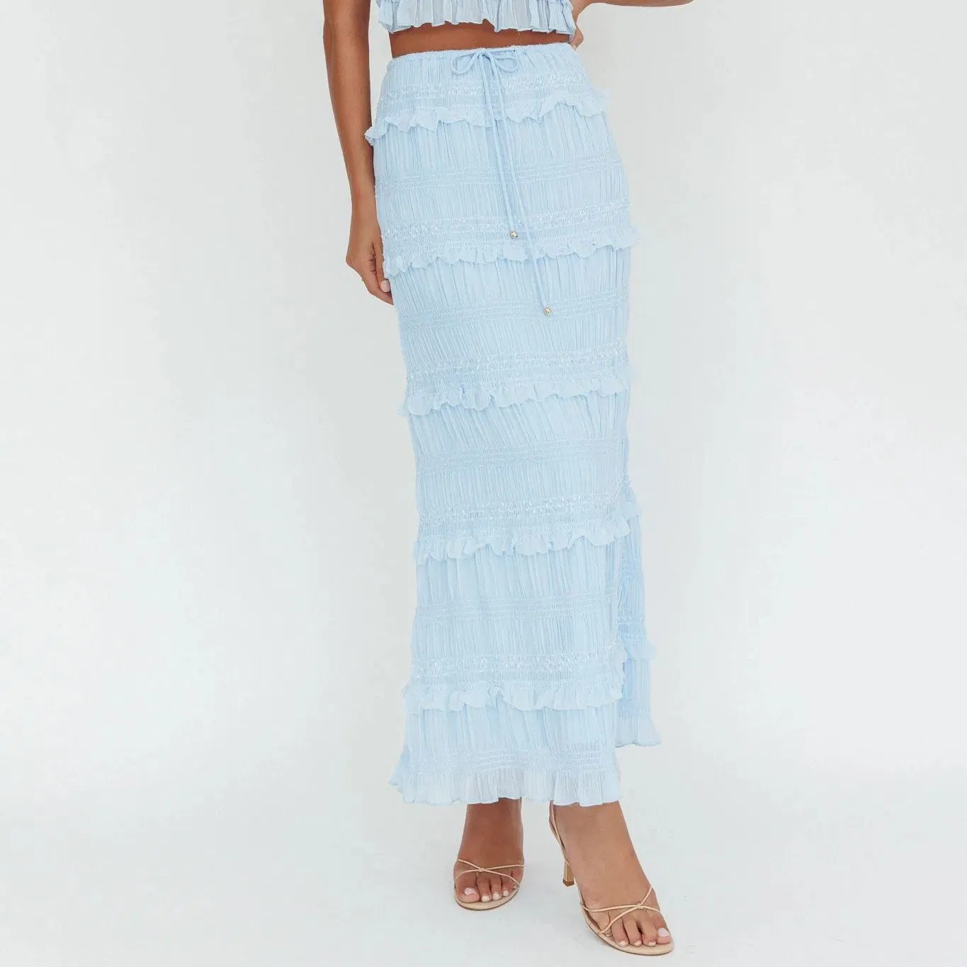 Wholesale Maxi Summer Layered Lace Comfortable Customization Blue Fashion Tie-up Ultra-Long Straight School MIDI Skirt