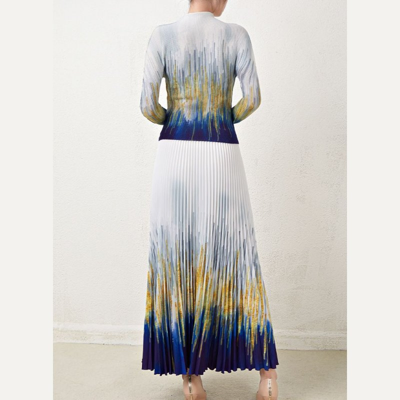Factory Customized High-End Pleated Thin Slim Fit Long-Sleeved Printed T-Shirt High Waist Ban'shen Skirt Suit