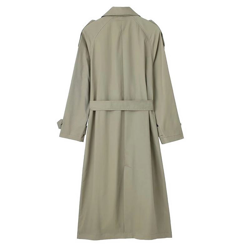 Women's Double-Breasted Inside Binding Long Trench Coat with Waist and Sleeve Belt