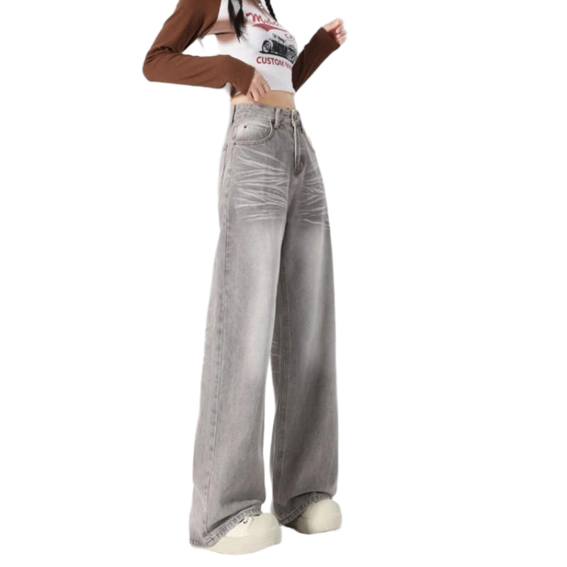 Ladies Jeans Wholesales Women's Grey Denim Wide-Leg Jeans Corrugated Fade Casual Autumn Fashion Best-Selling