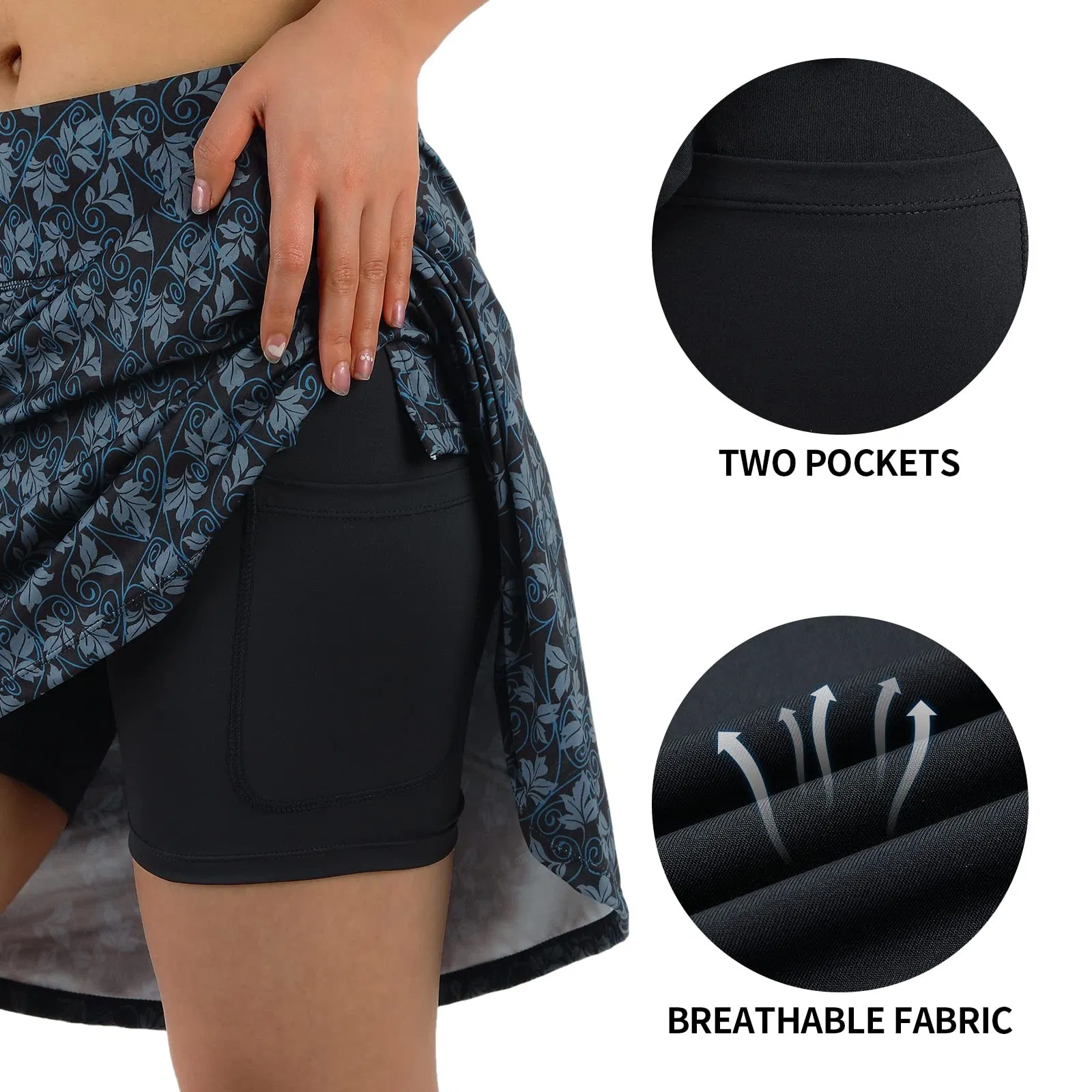 Tennis Golf Short Skirt Knee Length with High Waist Zipper Pocket