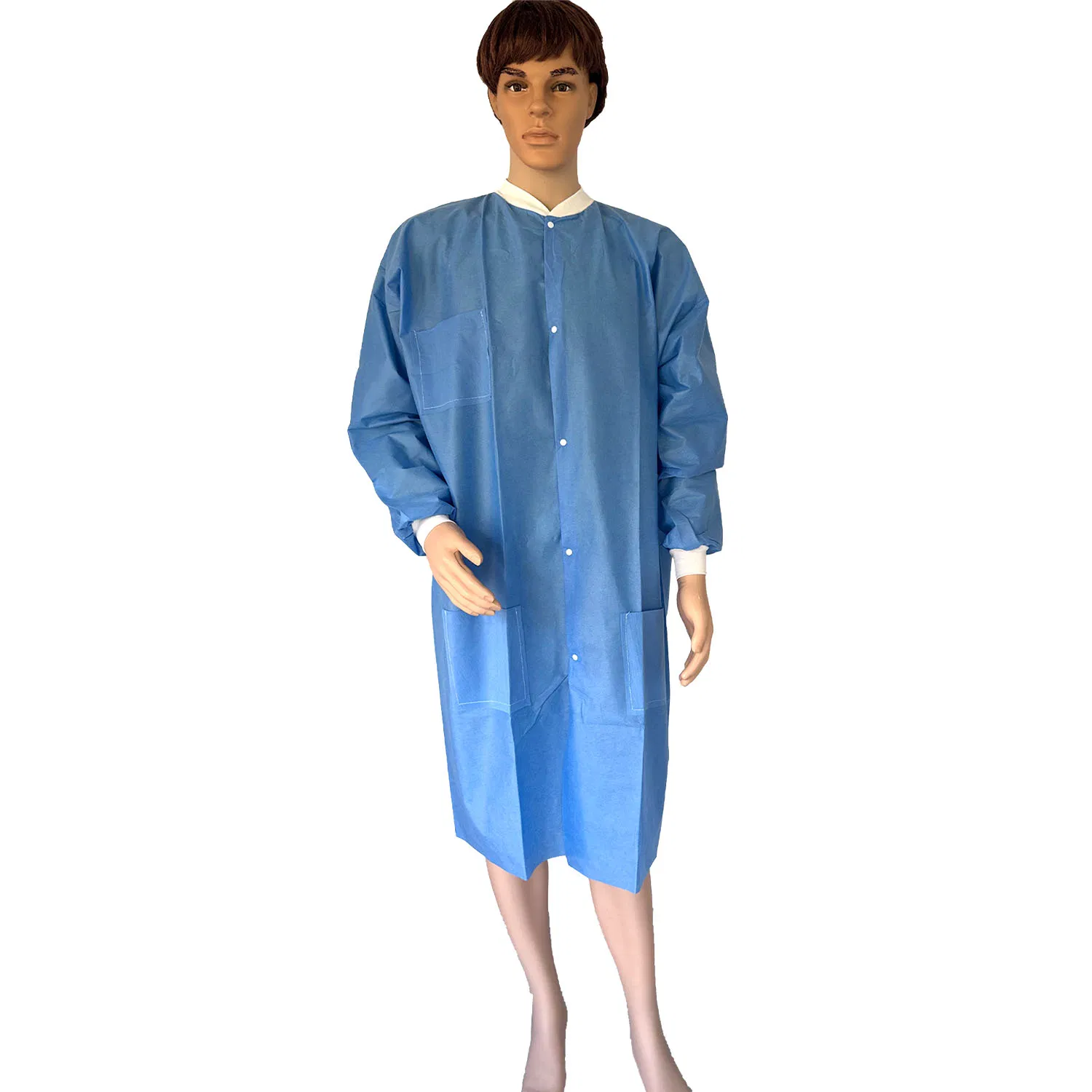 Disposable Workwear SMS Laboratory Coats with Knit Collar and Pockets