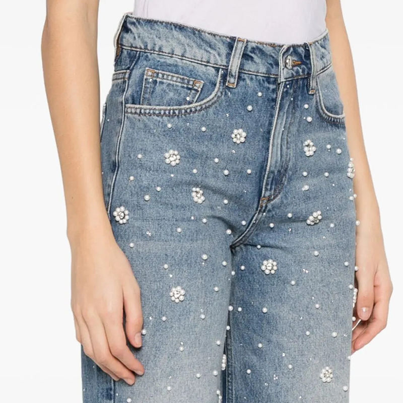 Women Jeans Women's MID-Waist Straight Loose Jeans Beaded Classic Washed Breathable Street Casual Style