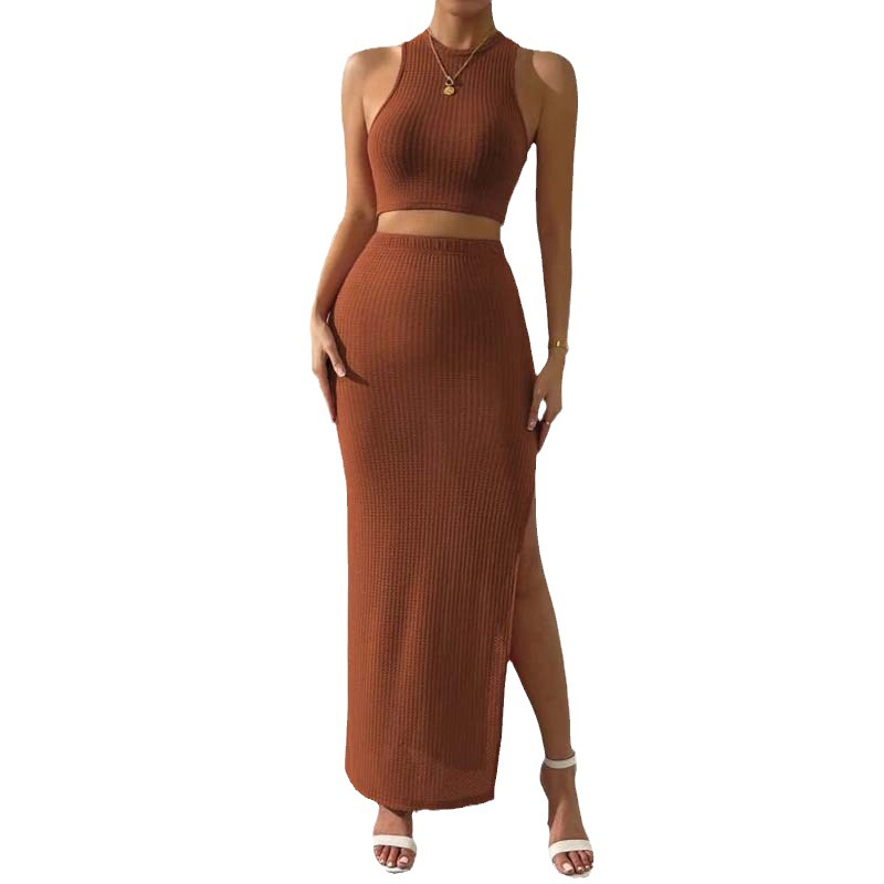 Waffle Knit Crop Cami Top &amp; Split Thigh Skirt