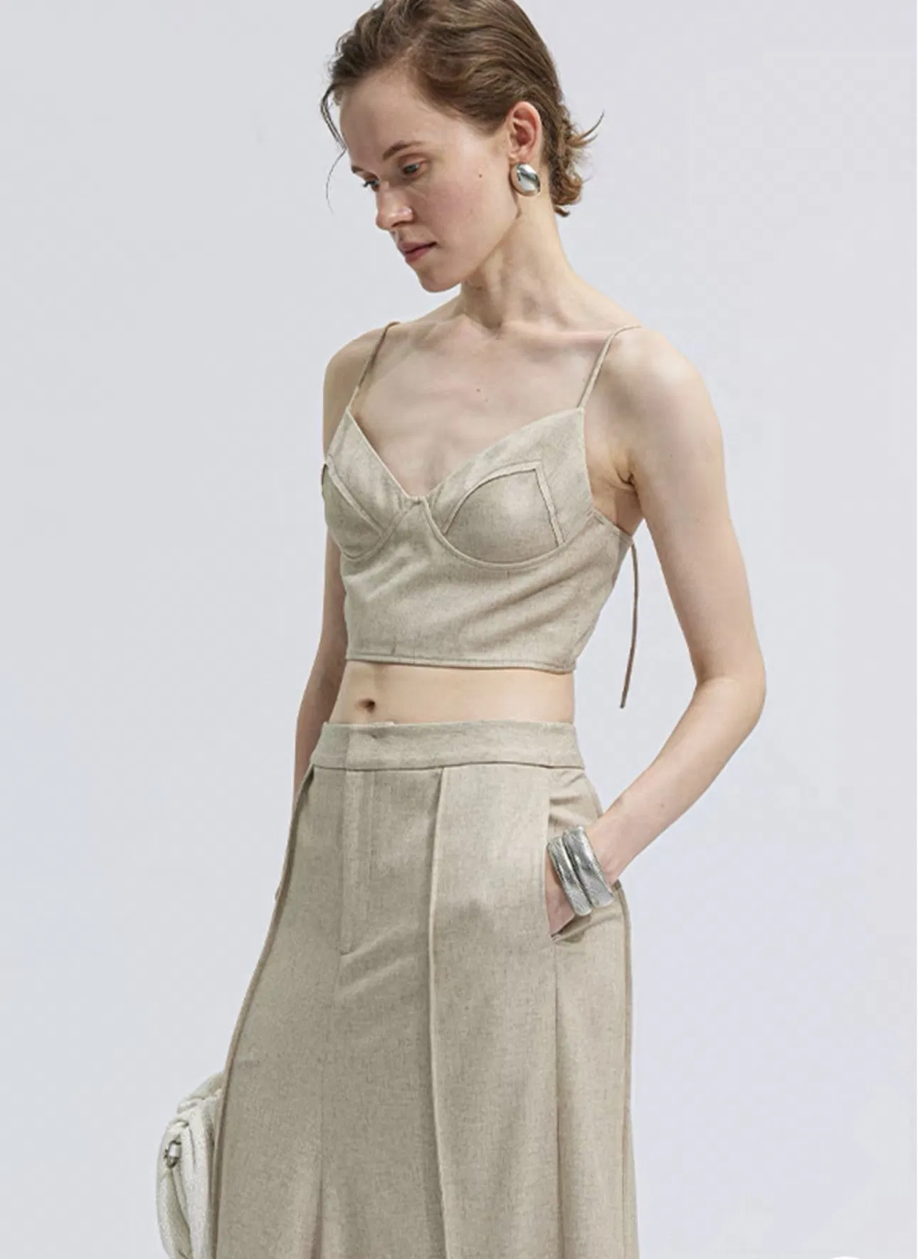 Wholesale Customized Women Tank Top with Long Skirt Sleeves Stripe Fabric Design Women Tank Top for Summer Spring Wear