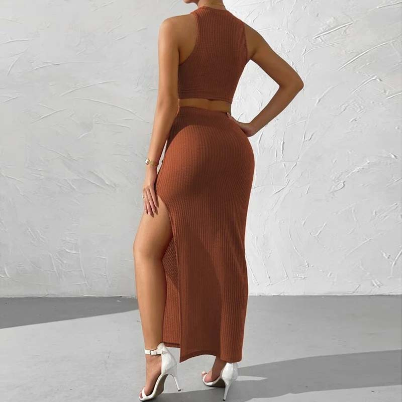 Waffle Knit Crop Cami Top &amp; Split Thigh Skirt