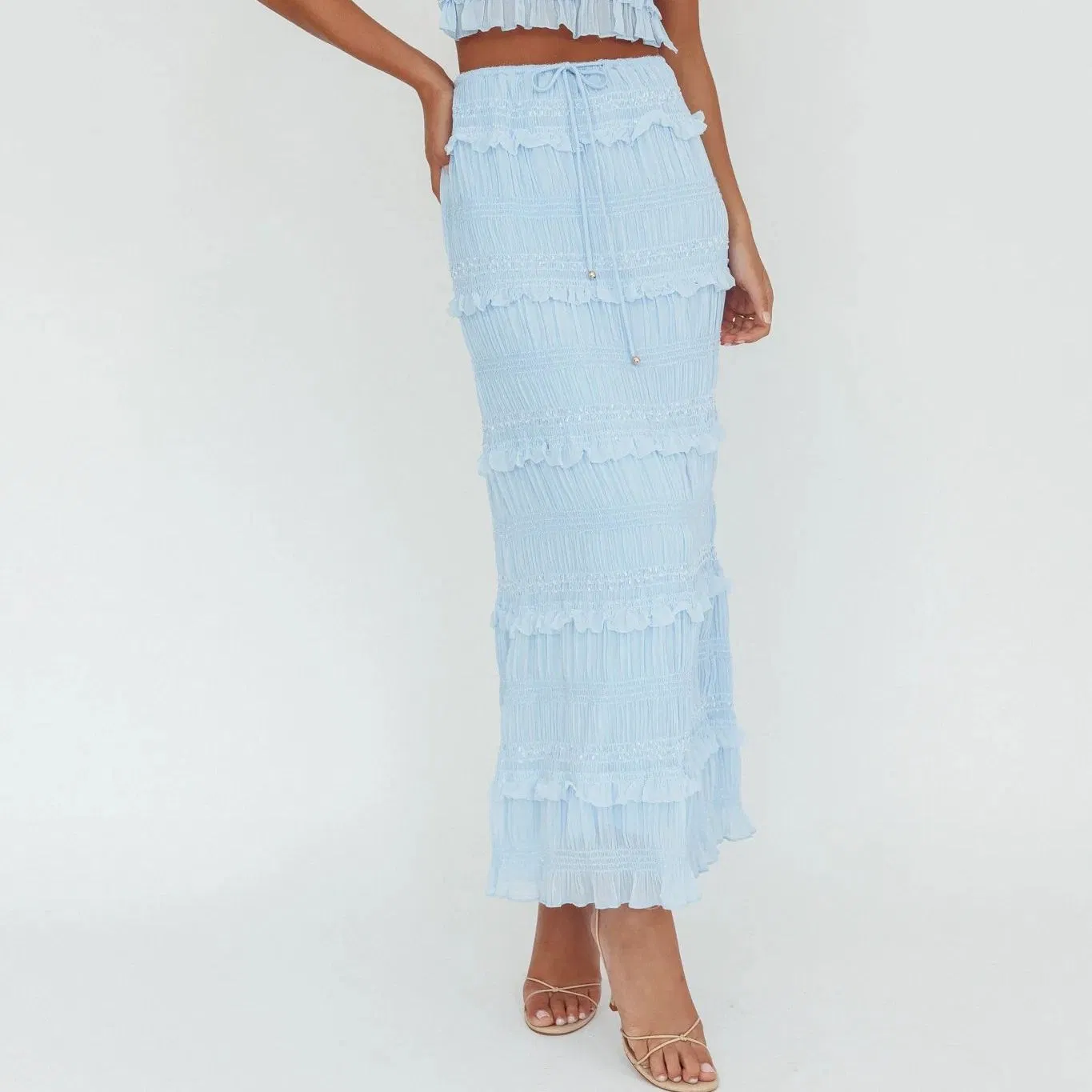 Wholesale Maxi Summer Layered Lace Comfortable Customization Blue Fashion Tie-up Ultra-Long Straight School MIDI Skirt