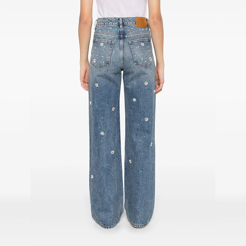 Women Jeans Women's MID-Waist Straight Loose Jeans Beaded Classic Washed Breathable Street Casual Style