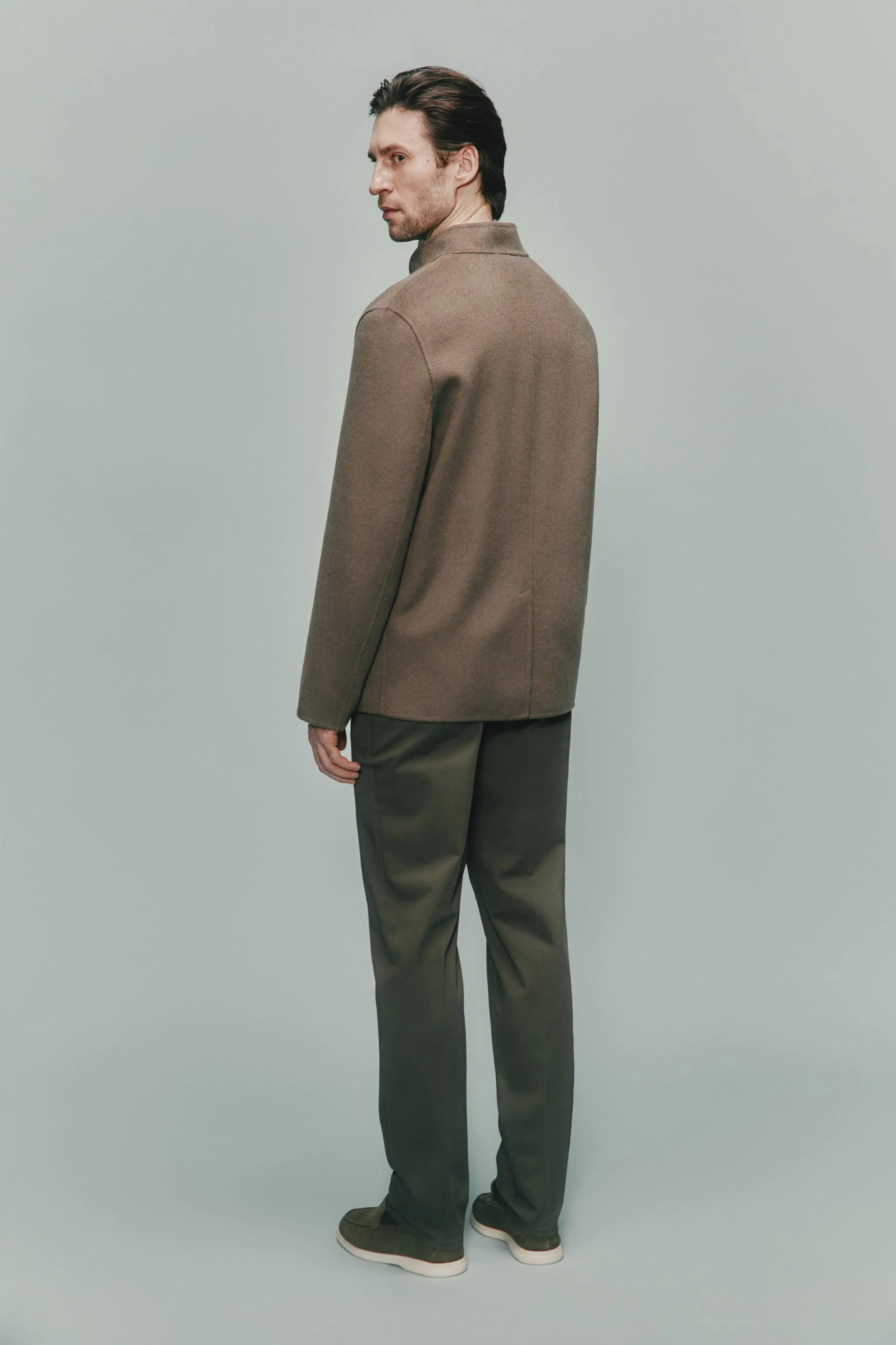 High-End Customized Stand Collar Single Breast Men's Double Face Wool Coat with Suit Blazer Fit and Cashmere Wool Fabric