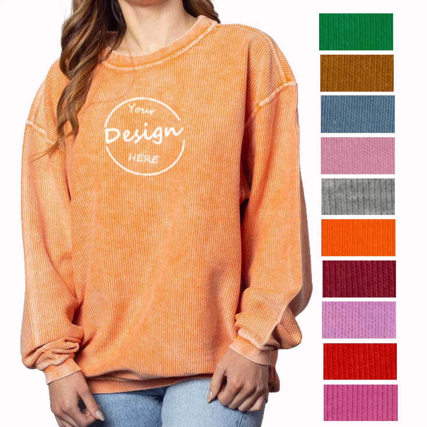 Custom Corduroy Hoodies Wholesale Embroidery Patch Plain Washed Crewneck Baggy Oversized Drop Shoulder Corded Crew Women Sweatshirt with Private Label