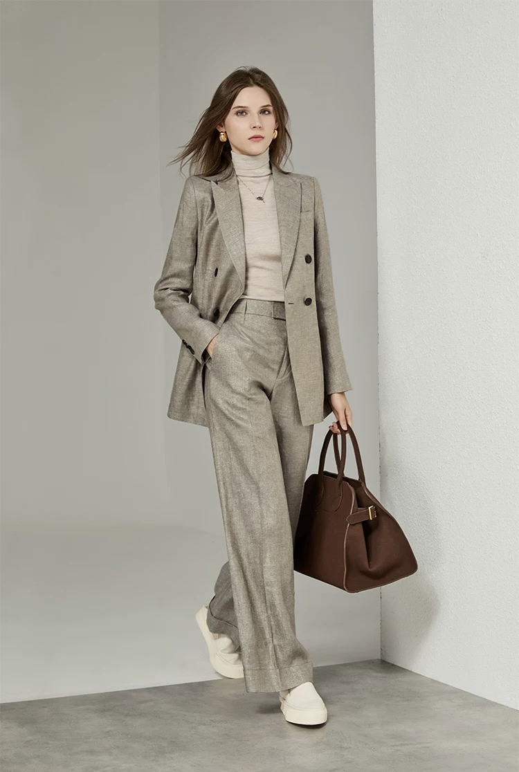 Customized Wholesale Women Formal Suits Set Paired Pants Design Single Breast Wool Linen Women Blazer for Fashion Wear