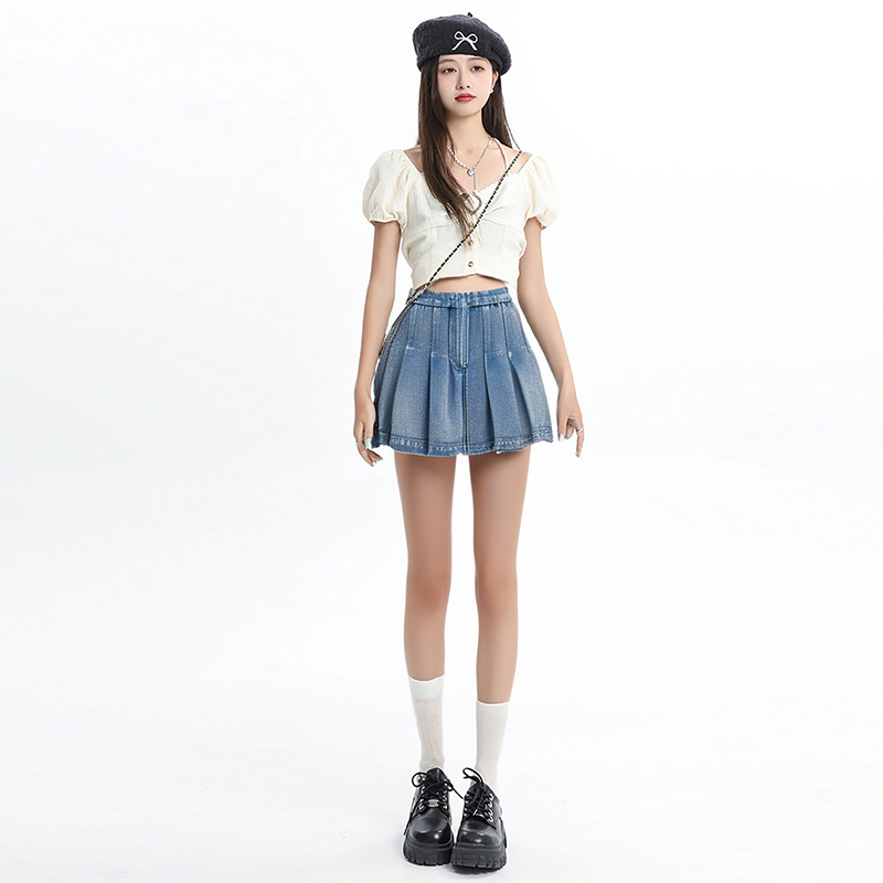 Stylish Women's Denim Pleated Skirt, Washable and Durable Design