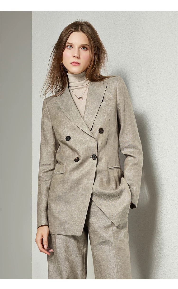 Customized Wholesale Women Formal Suits Set Paired Pants Design Single Breast Wool Linen Women Blazer for Fashion Wear