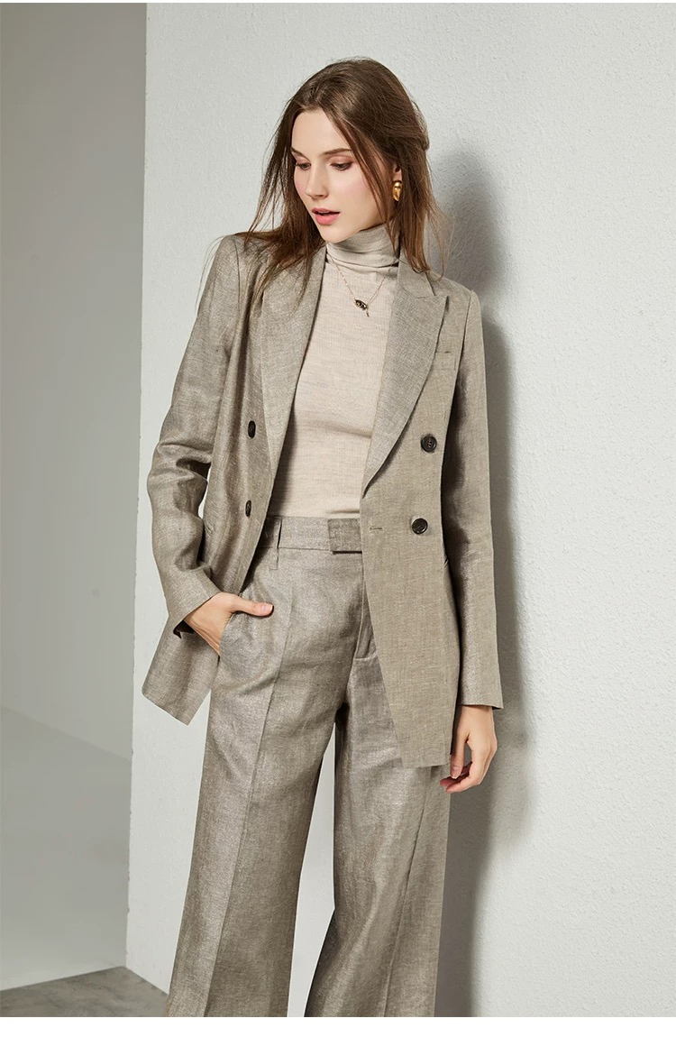 Customized Wholesale Women Formal Suits Set Paired Pants Design Single Breast Wool Linen Women Blazer for Fashion Wear