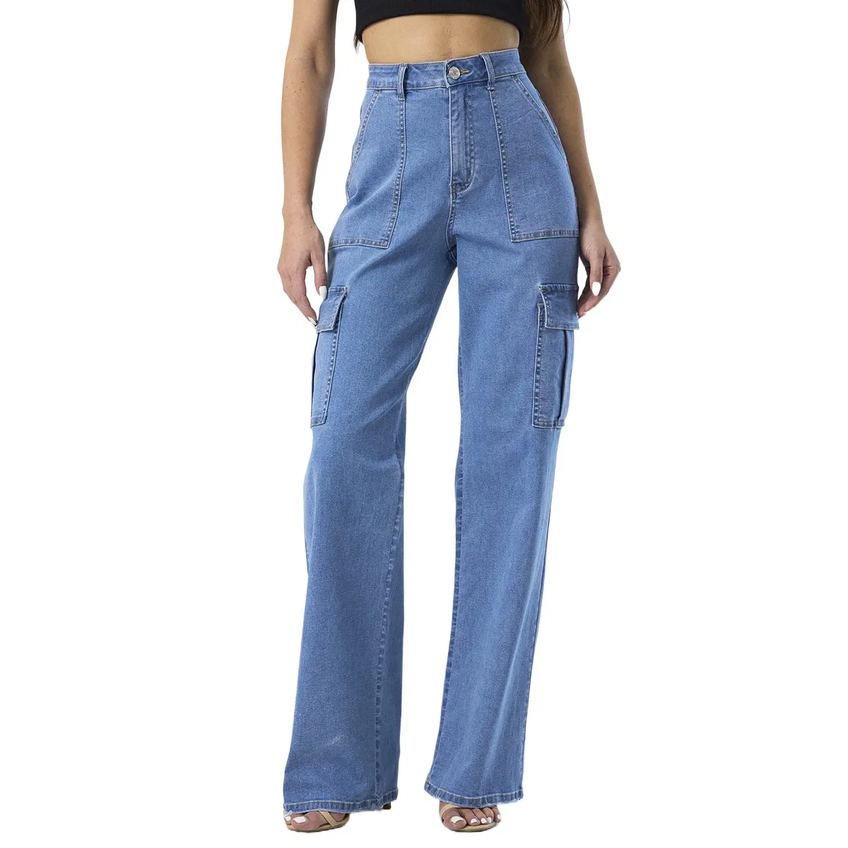 Custom High Waist Cargo Pocket Boyfriend Straight Mom Denim Jeans for Women