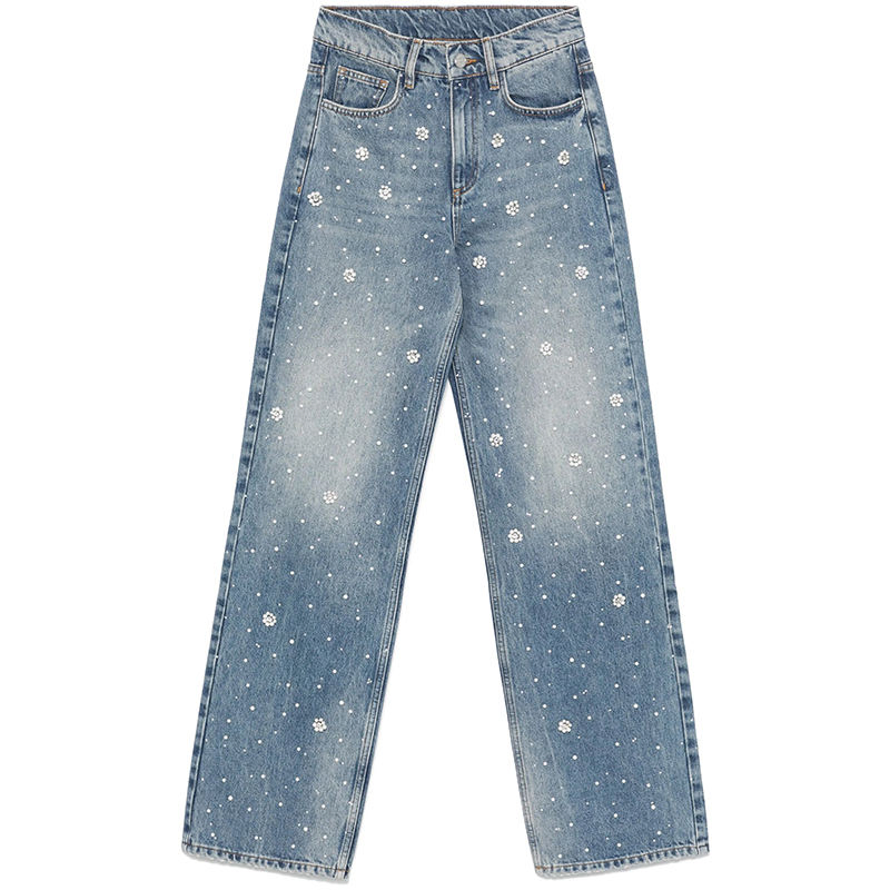 Women Jeans Women's MID-Waist Straight Loose Jeans Beaded Classic Washed Breathable Street Casual Style