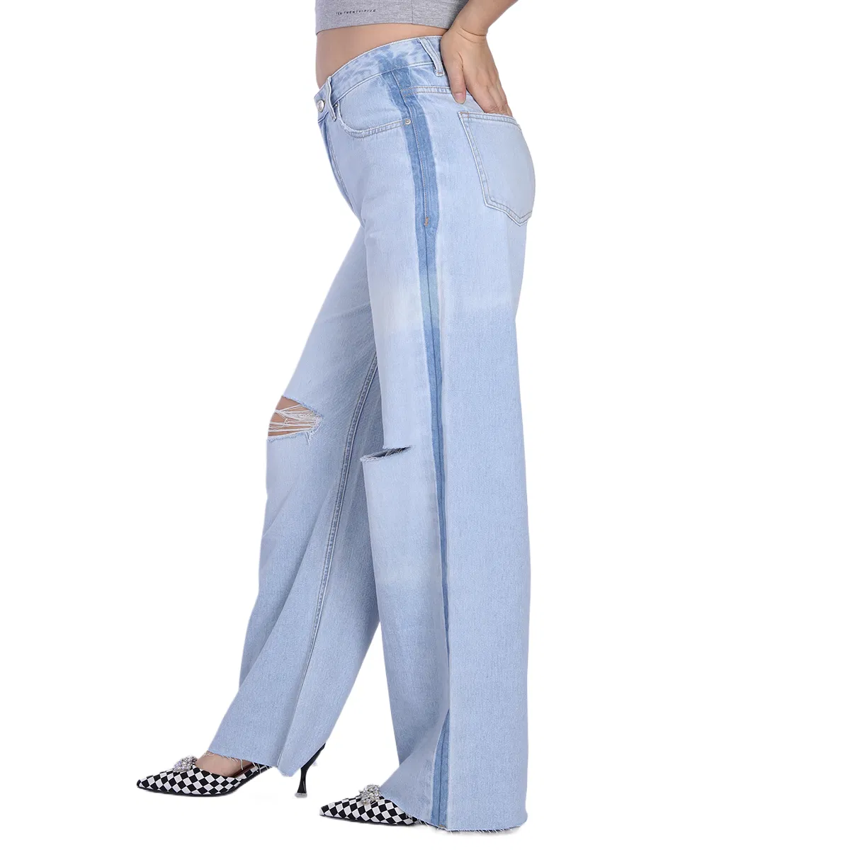 Custom Breathable Light Blue Straight Ripped Loose Raw Hem Mom Women Jeans