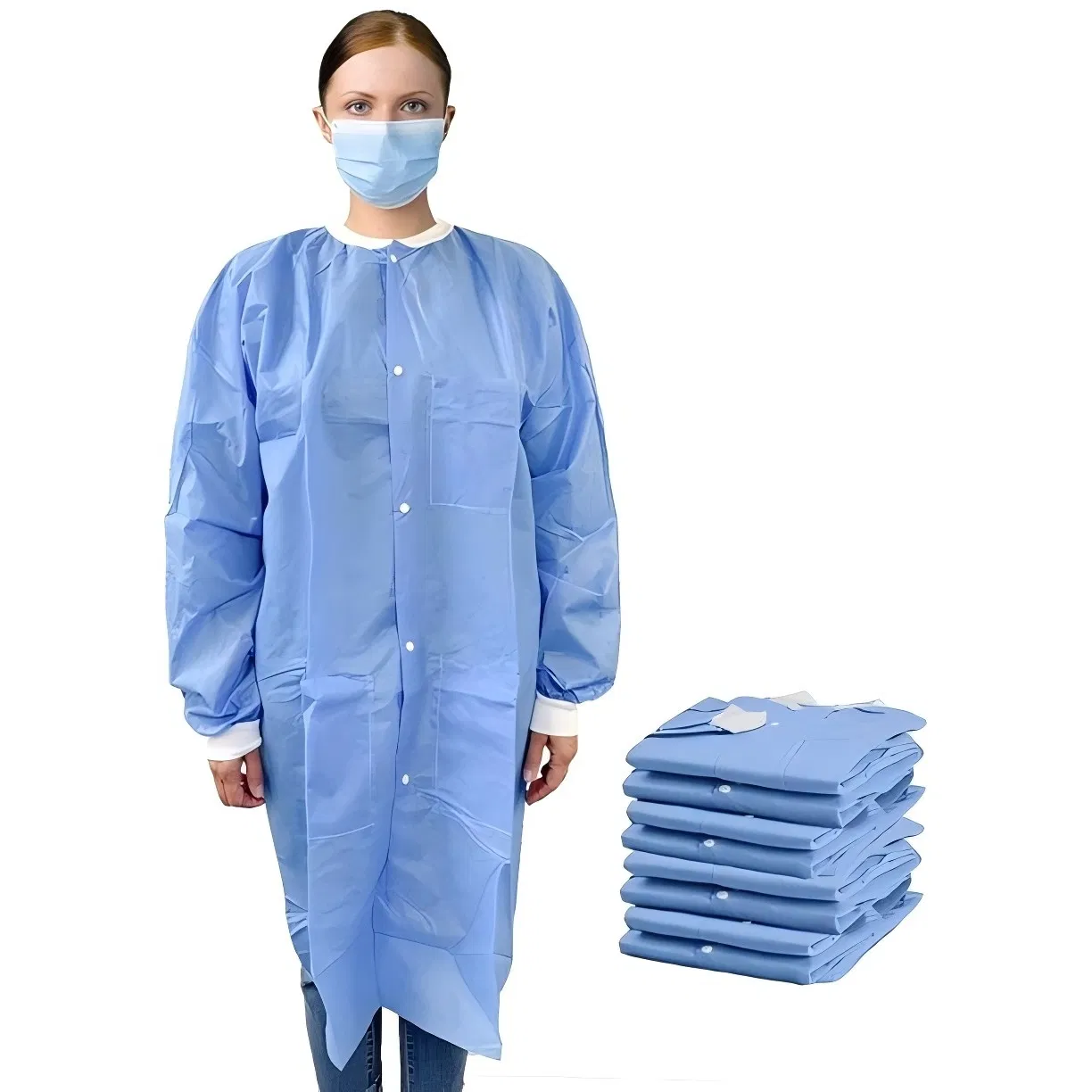 Disposable Workwear SMS Laboratory Coats with Knit Collar and Pockets
