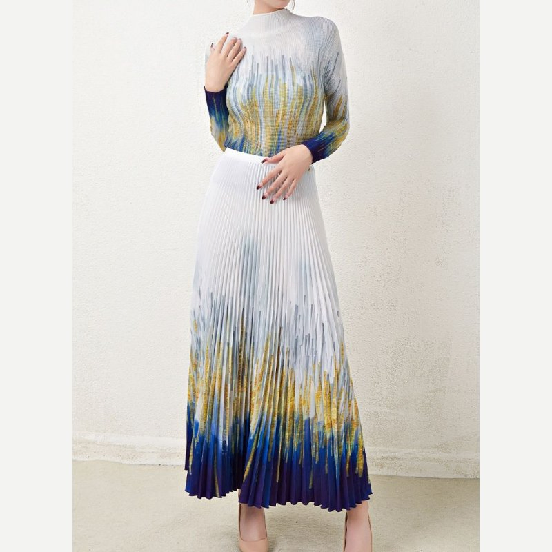 Factory Customized High-End Pleated Thin Slim Fit Long-Sleeved Printed T-Shirt High Waist Ban'shen Skirt Suit