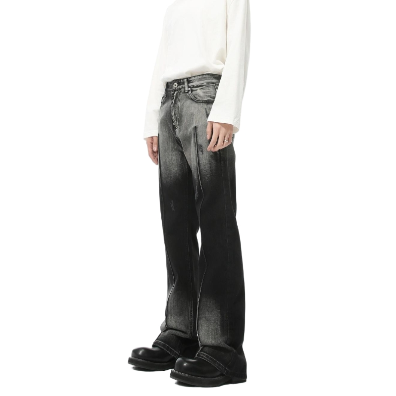 Customized Men's Jeans Stylish American Heavy-Stone Water-Washed Denim Men's Gradient Fading Flared Pants Men's Patchwork Sewing Jeans