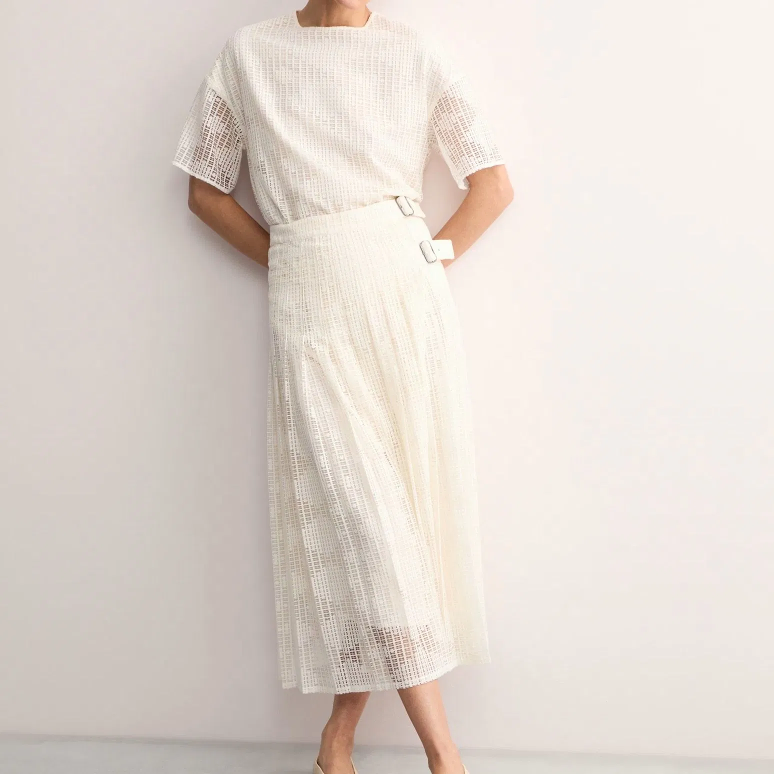 Beige Custom High-Waist Multiple-Layered Fashion Sheer Women's Metal-Clad Belt Design A-Line Long Wholesale Maxi Ladies Skirt